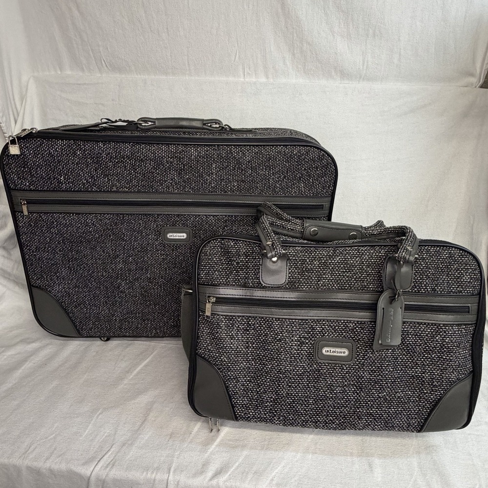 Leisure 2pc Luggage Set 26in Gray Black Tweed Wheels Lockable Carry Bag